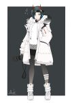  1girl absurdres azur_lane black_hair boots camera coat fur_trim hands_in_pockets highres leggings mark_jin short_hair sketch sweater ulrich_von_hutten_(azur_lane) yellow_eyes 