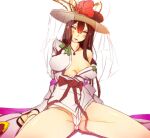  1girl at2. black_footwear blush breasts brown_eyes brown_hair eyebrows_visible_through_hair flower highres kushinada_(p&amp;d) large_breasts looking_at_viewer parted_lips puzzle_&amp;_dragons sandals sitting solo thick_thighs thighs wariza 