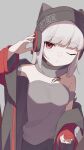  1girl animal_ears arknights bangs closed_mouth commentary_request ears_through_headwear eyebrows_visible_through_hair fox_ears frostleaf_(arknights) grey_background grey_shirt hand_on_headphones head_tilt headphones headphones_over_headwear highres jacket long_hair long_sleeves looking_at_viewer off-shoulder_shirt off_shoulder one_eye_closed oripathy_lesion_(arknights) oversized_clothes red_eyes red_jacket red_nails scarf shirt shoujo_l simple_background solo white_hair woollen_cap 
