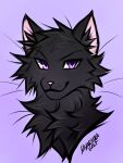  2022 3:4 absurd_res black_body black_fur digital_media_(artwork) domestic_cat felid feline felis fur hair headshot_portrait hi_res looking_at_viewer mammal myarukawolf portrait purple_eyes simple_background smile 