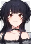  1girl black_choker black_hair blush choker collarbone eyebrows_visible_through_hair highres idolmaster idolmaster_shiny_colors looking_at_viewer mayuzumi_fuyuko panprika portrait simple_background smile solo sparkle two-tone_background two_side_up 