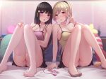  2girls ass bangs bed_sheet black_hair black_skirt blonde_hair blunt_bangs blush breasts camisole cleavage collarbone cushion feet hair_between_eyes hair_ornament knees_up large_breasts long_hair looking_at_viewer multiple_girls nail_polish on_bed open_mouth original panties pillow pink_camisole pink_panties purple_eyes scrunchie sex_toy sitting sitting_on_bed skirt smile star_(symbol) star_hair_ornament thighhighs thighs toes tongue tongue_out toyosaki_shu underwear v vibrator white_legwear wrist_scrunchie yellow_camisole 