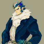  1boy alternate_costume bara black_coat broken_horn coat demon_boy demon_horns facial_hair fiery_horns highres horns long_sideburns looking_at_viewer male_focus mature_male muscular muscular_male scarf short_hair sideburns small_head solo stubble takemaru_(housamo) thick_eyebrows tokyo_afterschool_summoners tusks uden_(udeden_odon) unfinished upper_body winter_clothes 