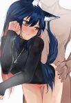  absurdres alternate_costume animal_ears ao_oni_(onioni-aoi) arknights ass_grab bangs bent_over black_sweater blue_hair blush bottomless closed_mouth clothed_female_nude_male completely_nude doggystyle eyebrows_visible_through_hair hair_between_eyes hetero highres long_hair long_sleeves looking_back nude pussy red_hair sex simple_background single_thighhigh sweat sweater tail texas_(arknights) thighhighs uncensored very_long_hair white_background wolf_ears wolf_girl wolf_tail 