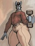  2021 4:3 anthro blue_body blue_fur brown_clothing brown_jacket brown_topwear canid canine canis clothed clothing digital_drawing_(artwork) digital_media_(artwork) dumbbell facial_hair fur hi_res j_(oc) jackal jacket jojobiz looking_away male mammal muscular muscular_male pompadour pose shaded sideburns simple_background simple_shading solo thick_thighs thighs topwear weights 