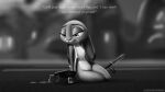  absurd_res anthro bodily_fluids clothing condom cum digital_media_(artwork) disney female fur genital_fluids grey_body hi_res judy_hopps lagomorph leporid mammal monochrome narrowed_eyes nude pose rabbit sexual_barrier_device smile solo twilightchroma zootopia 