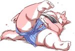  2022 anthro belly blush canid canine canis clothing domestic_dog flaccid genitals humanoid_genitalia humanoid_hands humanoid_penis kemono lying male mammal navel overweight overweight_male penis solo takagi_kyou underwear 