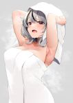  1girl absurdres armpits arms_up bangs bare_arms black_hair blush breasts cleavage drying drying_hair eyebrows_visible_through_hair fang grey_background highres hololive large_breasts looking_at_viewer minato_yu multicolored_hair naked_towel open_mouth red_eyes sakamata_chloe silver_hair simple_background skin_fang solo streaked_hair tearing_up tears towel two-tone_hair upper_body water_drop wet wet_hair 