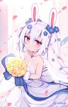  1girl animal_ears azur_lane bangs bare_shoulders blue_flower bouquet breasts cleavage closed_mouth collarbone commentary_request dress eyebrows_visible_through_hair flower hair_between_eyes hair_flower hair_ornament holding holding_bouquet laffey_(azur_lane) long_hair petals rabbit_ears red_eyes silver_hair small_breasts smile solo strapless strapless_dress sudango twintails very_long_hair white_dress yellow_flower 