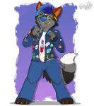  2021 alexthefoxcoon anthro biped black_body black_fur blue_eyes blue_hair blue_nose bottomwear canid canine cheek_tuft claws clothed clothing cute_fangs dipstick_tail eyewear facial_tuft fox fur gaokun glasses grey_body grey_fur grin hair hybrid inner_ear_fluff male mammal markings multicolored_body multicolored_fur open_clothing open_shirt open_topwear orange_inner_ear pants procyonid raccoon red_body red_fur shadow shirt simple_background smile solo spread_legs spreading tail_markings toe_claws topwear tuft watermark white_body white_fur 