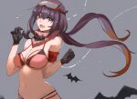  1girl bangs bare_arms bare_shoulders bat bat_wings bikini black_gloves black_hair blush breasts eyebrows_behind_hair eyebrows_visible_through_hair eyewear_on_head fate/grand_order fate_(series) gloves hair_between_eyes highres hoshi_rasuku long_hair looking_at_viewer open_mouth osakabe-hime_(fate) osakabe-hime_(swimsuit_archer)_(fate) red_eyes scarf solo stomach swimsuit twintails wings 