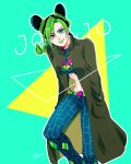  1girl black_hair blue_eyes braid butterfly_ornament double_bun green_hair green_lips hands_in_pockets jojo_no_kimyou_na_bouken kogatarou kujo_jolyne long_coat midriff multicolored_hair smile solo spider_web_print stone_ocean two-tone_hair 