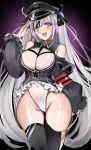  1girl ass_visible_through_thighs azur_lane bare_shoulders between_breasts black_headwear black_jacket black_legwear breasts cameltoe cross elbe_(azur_lane) eyebrows_visible_through_hair hat highleg highleg_leotard highres impossible_clothes iron_cross jacket large_breasts leotard long_hair open_mouth peaked_cap purple_background purple_eyes sennei simple_background skindentation solo standing strap_between_breasts thighhighs thighs very_long_hair white_hair white_leotard 