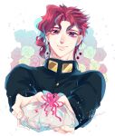  1boy floral_background gakuran gift highres incoming_gift jojo_no_kimyou_na_bouken kakyoin_noriaki kogatarou looking_at_viewer purple_eyes red_hair school_uniform signature smile solo stardust_crusaders 