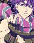  1boy adjusting_clothes adjusting_gloves bare_shoulders biceps bloody_stream blue_eyes blue_scarf fingerless_gloves gloves highres jojo_no_kimyou_na_bouken joseph_joestar joseph_joestar_(young) kogatarou male_focus multicolored_clothes multicolored_scarf purple_eyes purple_hair purple_scarf scarf solo striped striped_scarf 