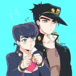  2boys black_hair blue_background blue_eyes blush chain diamond_wa_kudakenai excited gakuran higashikata_josuke highres jojo_no_kimyou_na_bouken kogatarou kujo_jotaro long_coat male_focus multiple_boys purple_hair school_uniform sparkle stardust_crusaders translated 