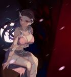  1girl absurdres bare_legs black_skirt body_markings bra breasts brown_hair cleavage closed_mouth collarbone commentary_request cracked_skin fang fang_out feet_out_of_frame forehead groin hand_on_own_arm highres horns kamado_nezuko kimetsu_no_yaiba large_breasts long_hair looking_at_viewer motion_blur navel nekobell open_clothes pink_bra pink_eyes single_horn sitting skirt sleeveless solo underwear v-shaped_eyebrows very_long_hair 