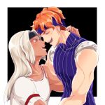  2boys biceps bodysuit dark-skinned_male dark_skin headband highres jojo_no_kimyou_na_bouken kogatarou long_hair male_focus multiple_boys orange_hair single_bare_shoulder squalo striped tiziano undercut vento_aureo vertical_stripes white_lips 