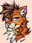  2022 3:4 absurd_res brown_body brown_fur brown_hair digital_media_(artwork) ear_piercing ear_ring felid feline fur hair headshot_portrait hi_res looking_at_viewer mammal myarukawolf orange_body orange_fur piercing portrait purple_eyes purple_nose simple_background smile 