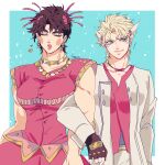  2boys battle_tendency blonde_hair bow bowtie breast_padding brown_hair caesar_anthonio_zeppeli crossdressing dress earrings eyelashes facial_mark feather_hair_ornament feathers fingerless_gloves gloves green_eyes hair_ornament highres jacket jewelry jojo_no_kimyou_na_bouken joseph_joestar joseph_joestar_(tequila) joseph_joestar_(young) kogatarou lipstick locked_arms makeup male_focus multiple_boys pink_dress triangle_print white_jacket 