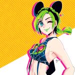  1girl black_hair blue_eyes braid breasts butterfly_ornament double_bun green_hair green_lips hair_cones jojo_no_kimyou_na_bouken kogatarou kujo_jolyne lipstick makeup midriff multicolored_hair one_eye_closed sideboob smile solo stone_ocean two-tone_hair 