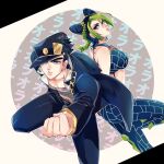  1boy 1girl black_hair blue_eyes braid clenched_hand double_bun gakuran green_hair green_lips hair_cones halter_top halterneck hat highres jojo_no_kimyou_na_bouken kogatarou kujo_jolyne long_coat multicolored_hair ponytail school_uniform spider_web_print stardust_crusaders stone_ocean two-tone_hair 