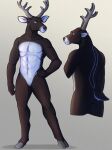  abs anthro antlers barefoot black_nose blue_eyes brown_body brown_fur brown_tail cervid countershade_torso countershading featureless_chest featureless_crotch feet fur grey_background hand_on_hip hi_res horn kyran_vauntir mammal navel nude shadow simple_background smile solo standing thehades white_body white_fur white_tail 