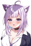  1girl ahoge animal_ears breasts cat_ears cleavage collar fang highres hololive jacket nekomata_okayu off_shoulder purple_eyes purple_hair shinonome_asu shirt virtual_youtuber white_background white_shirt 