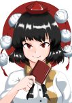  1girl black_hair black_ribbon buttons chilwell_seele collared_shirt face happy hat highres holding leaf-pattern_stripe notebook pom_pom_(clothes) red_eyes red_headwear ribbon shameimaru_aya shirt short_hair smile tokin_hat touhou white_shirt 
