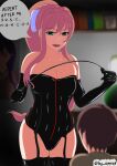  1boy 1girl absurdres amrak bare_shoulders bdsm blurry blurry_background bondage boots bound bow breasts brown_hair cleavage collarbone doki_doki_literature_club dominatrix english_commentary english_text femdom gloves green_eyes hair_bow highres holding holding_whip large_breasts looking_at_another monika_(doki_doki_literature_club) open_mouth ponytail rubber_gloves sadism thigh_boots thighhighs whip white_bow 