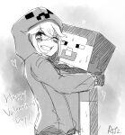  1boy 1girl at2. blush creeparka creeper cupa_(at2.) eyebrows_visible_through_hair greyscale grin happy_valentine heart highres hood hood_up hoodie hug looking_at_viewer medium_hair minecraft monochrome one_eye_closed parted_lips personification smile steve_(minecraft) teeth 