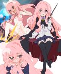  bolo_tie cape cat_ear_hairband collar flat_chest gabu_(az210309) garter_belt hair_ornament highres holding holding_wand kneehighs long_hair louise_francoise_le_blanc_de_la_valliere pink_eyes pink_hair shirt skirt tagme thighhighs underwear wand white_shirt zero_no_tsukaima 