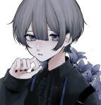  1boy 402_(o0_xxx) absurdres androgynous black_theme brown_hair crazy flower gothic highres male_focus mole mole_on_neck nail_polish original pale_skin purple_eyes 