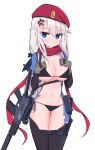  1girl 9a-91_(girls&#039;_frontline) bikini black_bikini black_legwear blue_eyes breasts cleavage eyebrows_visible_through_hair girls&#039;_frontline gloves jagd large_breasts looking_at_viewer navel solo swimsuit thighhighs white_hair 