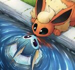  2022 ambiguous_gender black_nose digital_media_(artwork) duo eeveelution eye_contact eyebrows feral flareon hi_res looking_at_another nintendo otakuap outside partially_submerged pok&eacute;mon pok&eacute;mon_(species) vaporeon video_games water 