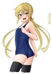  1girl adjusting_clothes adjusting_swimsuit ass back black_legwear blonde_hair blue_swimsuit blush collarbone eyebrows_visible_through_hair flat_chest hair_between_eyes highres ishida_arata kantai_collection long_hair looking_to_the_side low_twintails old_school_swimsuit open_mouth satsuki_(kancolle) school_swimsuit smile solo swimsuit thighhighs twintails twitter_username 
