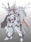  absurdres cgue clenched_hand gradient gradient_background gun gundam gundam_seed highres holding holding_gun holding_weapon mecha mechanical_wings mobile_suit one-eyed red_eyes shield solo standing weapon wings ztb0000 