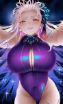  1girl bangs blush breasts fate/grand_order fate_(series) highres kama_(fate) kama_(swimsuit_avenger)_(fate) large_breasts long_hair looking_at_viewer red_eyes silver_hair thighs zasshu 