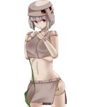  1girl at2. bangs blunt_bangs bowl_cut breasts crop_top doll_joints eyebrows_visible_through_hair grey_hair highres iron_golem_(minecraft) joints large_breasts looking_at_viewer minecraft navel personification red_eyes short_hair solo 