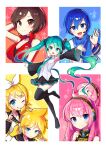  2boys 4girls :d ;) absurdres aqua_eyes aqua_hair blonde_hair blue_eyes blue_hair boots border breasts brother_and_sister brown_eyes brown_hair hatsune_miku highres kagamine_len kagamine_rin kaito_(vocaloid) large_breasts long_hair looking_at_viewer megurine_luka meiko miniskirt multiple_boys multiple_girls necktie offbeat one_eye_closed outstretched_arms pink_hair short_hair siblings skirt small_breasts smile takoluka thigh_boots thighhighs twintails very_long_hair vocaloid waving white_border 