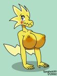  amputee anthro big_breasts blush breasts brown_eyes clothed clothing cut_in_half disability electric female half hi_res legless lizard nintendo nipples nude pok&eacute;mon pok&eacute;mon_(species) reptile scalie simple_background solo spaghetti99 standing_on_hands topless velozolt video_games yellow_body yellow_skin 