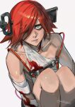  1girl a.b.a bags_under_eyes bandages bare_legs blood blood_on_bandages breasts collarbone fetal_position gloves green_eyes grey_background guilty_gear guilty_gear_xx hair_between_eyes hair_over_one_eye hand_on_own_chest highres key key_in_head lips lipstick looking_at_viewer looking_up makeup medium_breasts purple_lips red_hair short_hair simple_background solo teeth twitter_username uncle_rabbit_ii 