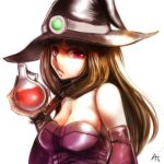  1girl at2. bangs bare_shoulders blunt_bangs breasts brown_hair cleavage closed_mouth detached_sleeves expressionless hat large_breasts long_hair looking_at_viewer minecraft potion purple_eyes revision solo witch witch_(minecraft) witch_hat 