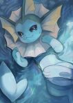  :3 afloat closed_mouth commentary_request fang fang_out from_above highres kikuyoshi_(tracco) looking_at_viewer no_humans pokemon pokemon_(creature) smile solo toes vaporeon water wet 