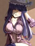  1girl at2. bangs black_legwear blunt_bangs bow breasts cleavage closed_mouth collarbone eyebrows_visible_through_hair hair_bow large_breasts long_hair long_sleeves looking_at_viewer one_eye_closed patchouli_knowledge purple_eyes purple_hair red_bow sitting solo thighhighs tongue tongue_out touhou 