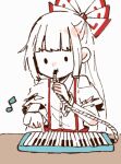  1girl :t animated animated_gif bangs beamed_eighth_notes blunt_bangs bow collared_shirt dot_nose eighth_note expressionless fujiwara_no_mokou hair_bow half_updo hands_up hime_cut holding instrument itomugi-kun keyboard_(instrument) long_hair looping_animation melodica music musical_note playing_instrument shirt shirt_tucked_in short_sleeves solid_oval_eyes solo suspenders table torn_clothes torn_sleeves touhou upper_body very_long_hair white_background white_bow white_hair white_shirt wing_collar wrist_cuffs 