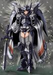  1girl absurdres black_hair boots cape cgue grey_background grey_eyes grey_panties gundam gundam_seed hand_on_hip head_tilt highres holding holding_sword holding_weapon looking_at_viewer mecha_musume mechanical_wings metal_boots panties personification smile solo sword thigh_boots thighhighs underwear weapon wings yatta070622 