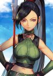  1girl black_hair blue_sky breasts choker cloud cloudy_sky crop_top dragon_quest dragon_quest_xi green_belt green_choker hand_on_hip high_ponytail holding holding_polearm holding_weapon hungry_clicker looking_at_viewer looking_to_the_side martina_(dq11) navel open_mouth polearm ponytail purple_eyes sky solo spear weapon 