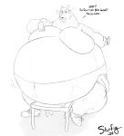  2022 anthro beard belly belly_on_table big_belly big_moobs bottomwear breasts clothed clothing dialogue ear_piercing facial_hair footwear furniture giraffe giraffid hair hand_on_breast hi_res horn looking_at_viewer male mammal moobs navel noah_(falcon_mccooper) obese obese_anthro obese_male open_mouth overweight overweight_anthro overweight_male piercing raised_clothing raised_shirt raised_topwear shirt shoes shorts solo starfig table text topwear wristband 