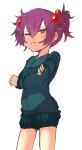  1girl at2. blush cave_spider closed_mouth crossed_arms eyebrows_visible_through_hair fang hair_bobbles hair_ornament long_sleeves looking_at_viewer minecraft personification purple_hair red_eyes short_hair short_twintails solo twintails 
